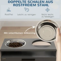 PawHut Futterstation für große Hunde, mit 2 Edelstahlnäpfen, Schublade, Grau