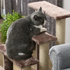 PawHut Haustiertreppe mit Kratzbaum Ball 4-stufige Katzentreppe Plüsch Jute