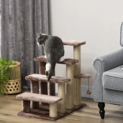 PawHut Haustiertreppe mit Kratzbaum Ball 4-stufige Katzentreppe Plüsch Jute