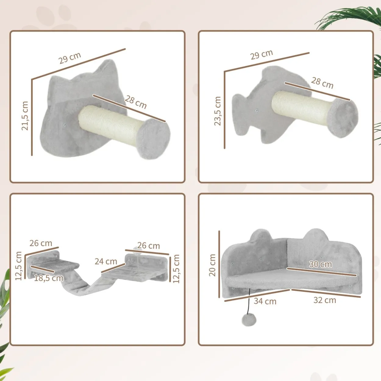 PawHut Katzen Kletterwand Set, 4-tlg. Katzenmöbel Sisal, für Katzen bis 5 kg