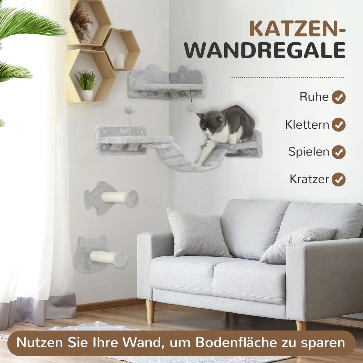 PawHut Katzen Kletterwand Set, 4-tlg. Katzenmöbel Sisal, für Katzen bis 5 kg