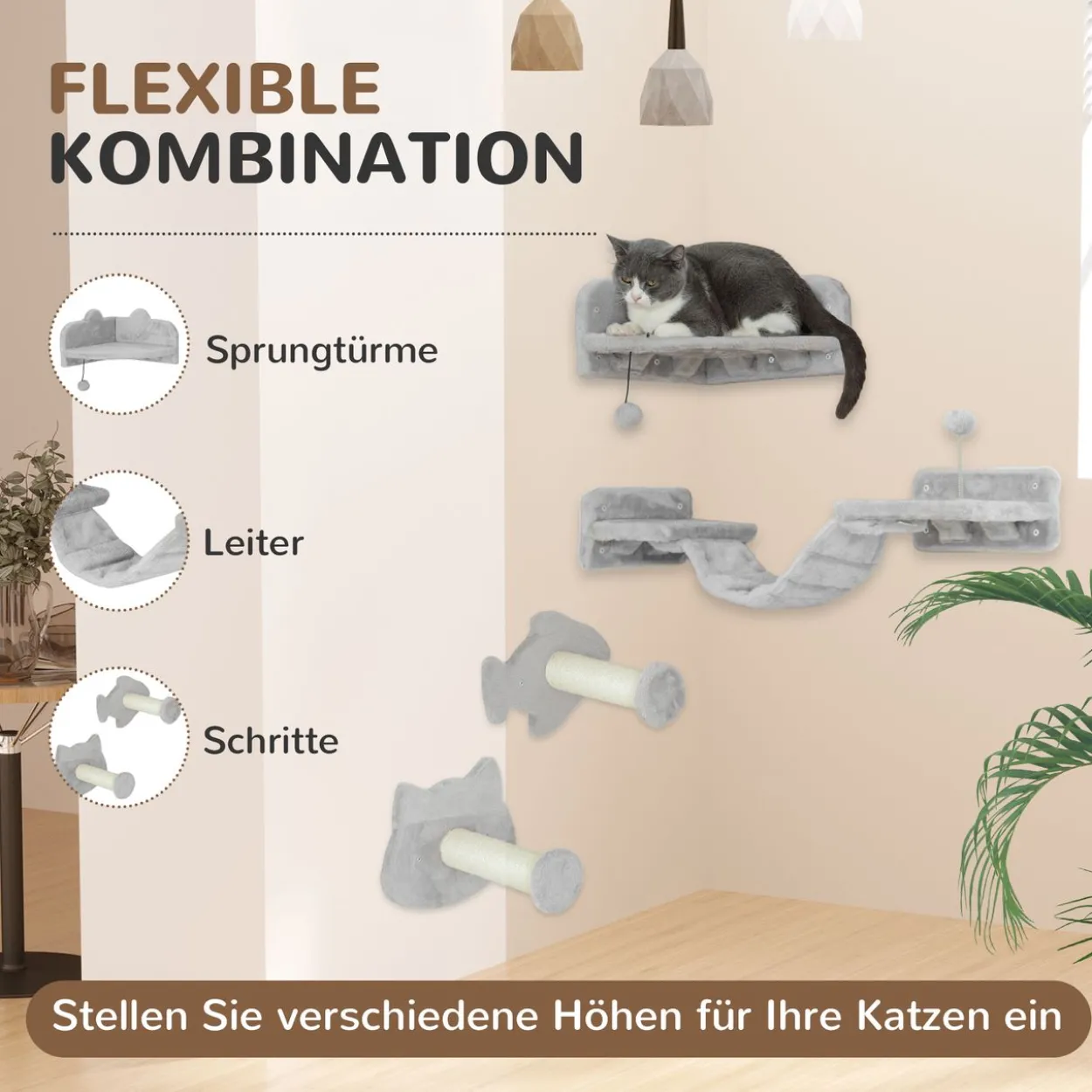 PawHut Katzen Kletterwand Set, 4-tlg. Katzenmöbel Sisal, für Katzen bis 5 kg