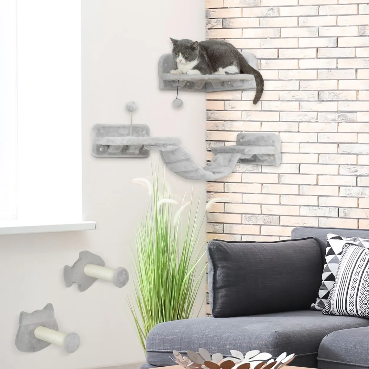 PawHut Katzen Kletterwand Set, 4-tlg. Katzenmöbel Sisal, für Katzen bis 5 kg