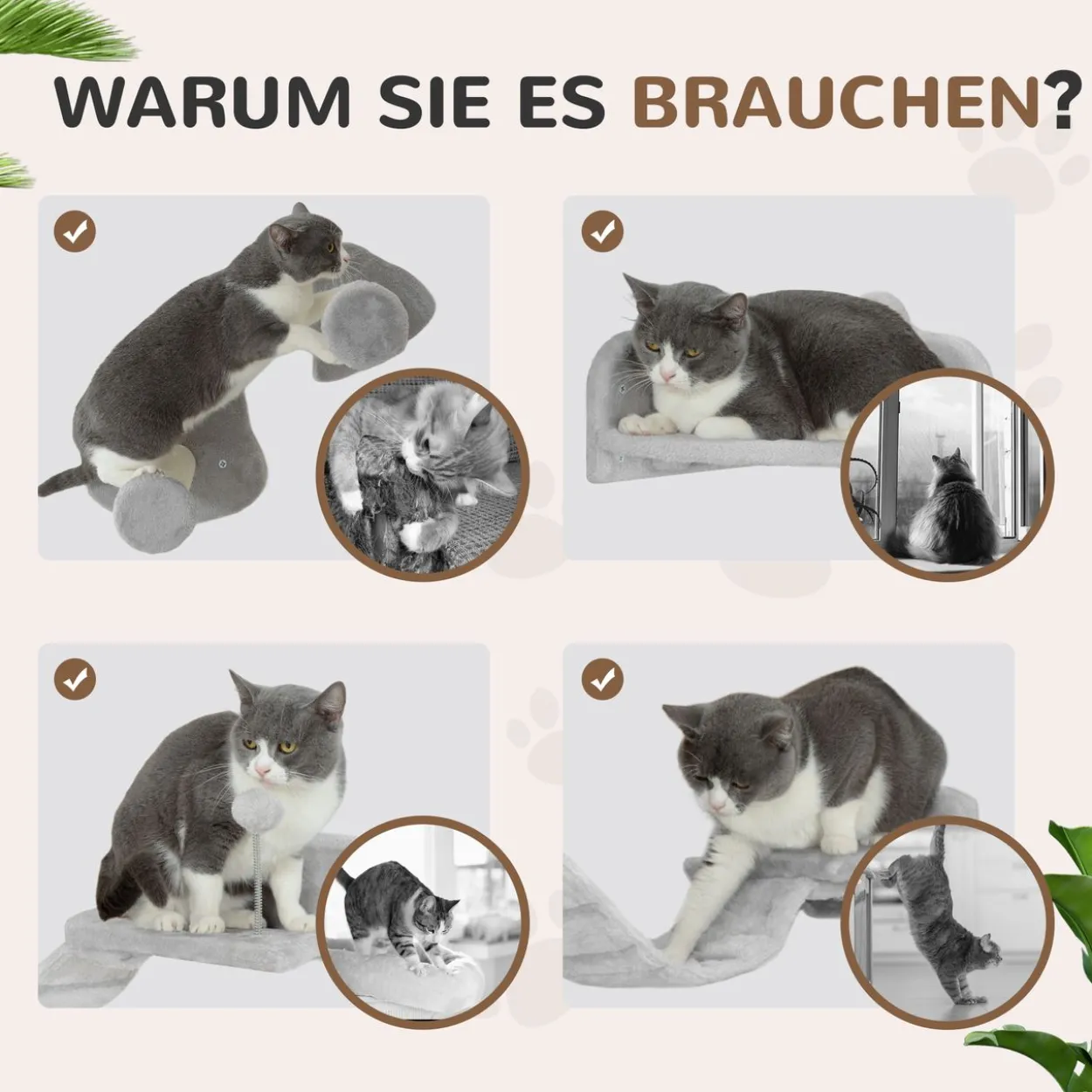 PawHut Katzen Kletterwand Set, 4-tlg. Katzenmöbel Sisal, für Katzen bis 5 kg