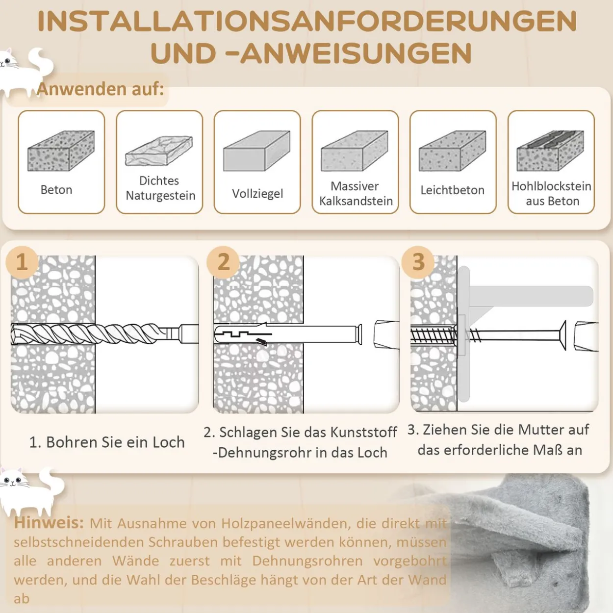 PawHut Katzen Kletterwand 4 tlg. mit Kaztentreppe Hängematte, Sprungplatt