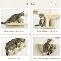 PawHut Katzen Kletterwand 4 tlg. mit Kaztentreppe Hängematte, Sprungplatt