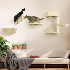 PawHut Katzen Kletterwand 4 tlg. mit Kaztentreppe Hängematte, Sprungplatt
