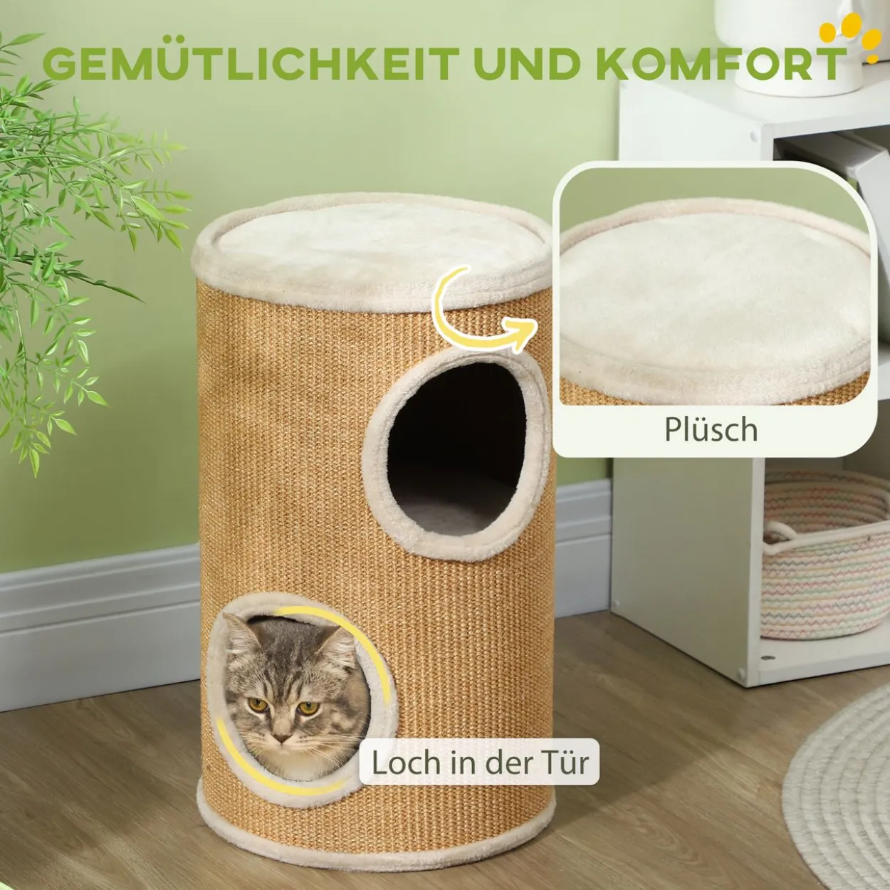 PawHut Kratztonne 60 cm Hoch Katzentonne mit 2 Höhle, für Katze bis 5 kg