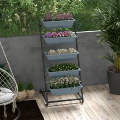 Pflanzenständer, Blumenständer mit 5 Etagen, Pflanzenregal mit Rollen Grau