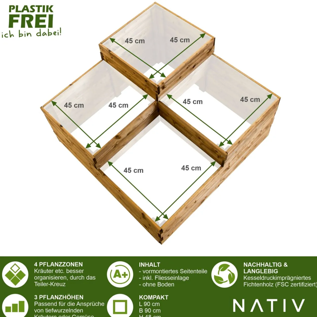 Pflanzkasten aus Holz mit 4 Pflanzzonen
