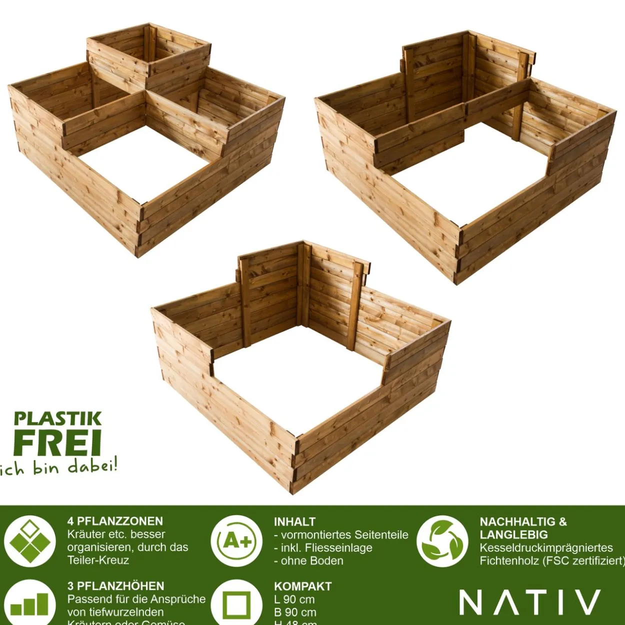 Pflanzkasten aus Holz mit 4 Pflanzzonen
