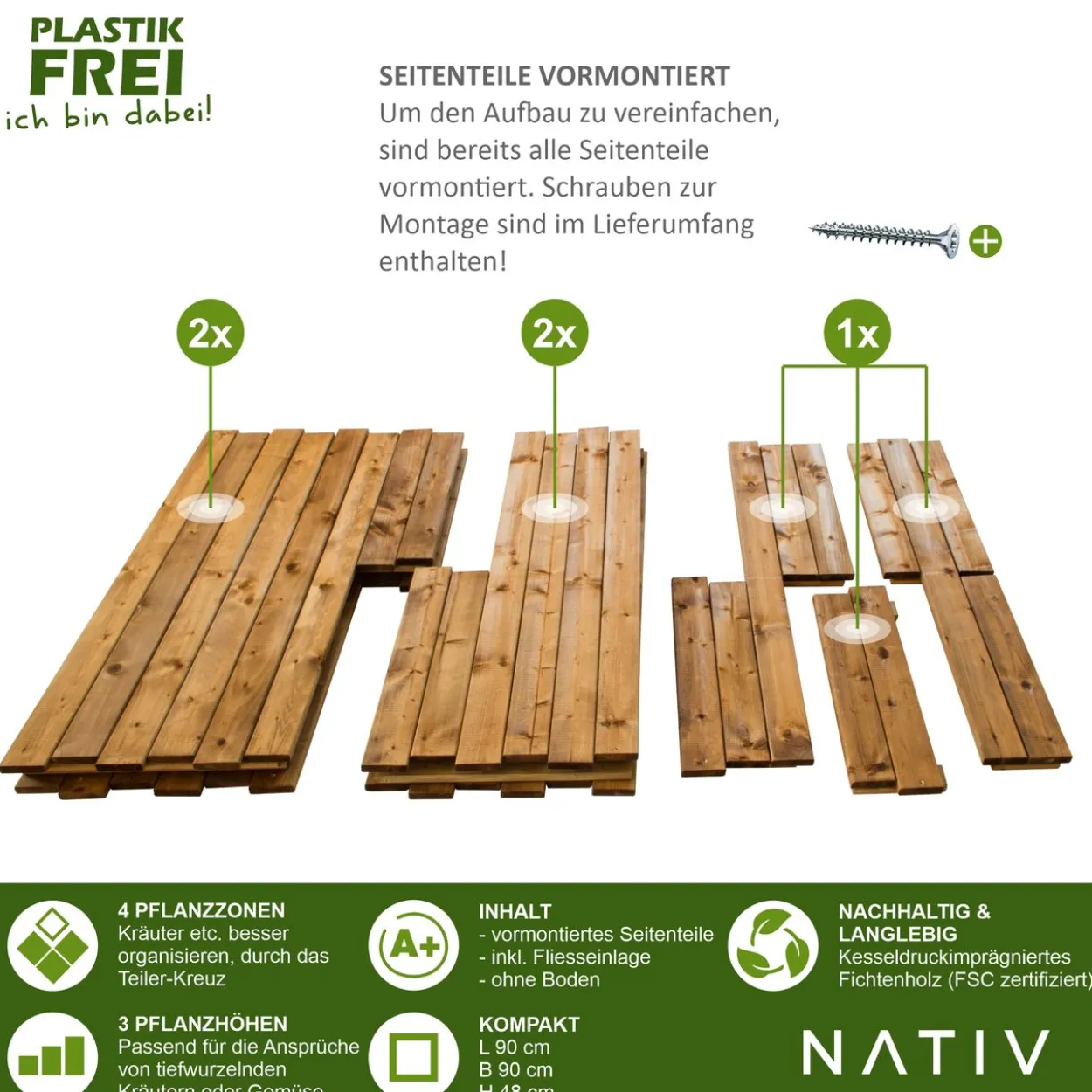 Pflanzkasten aus Holz mit 4 Pflanzzonen