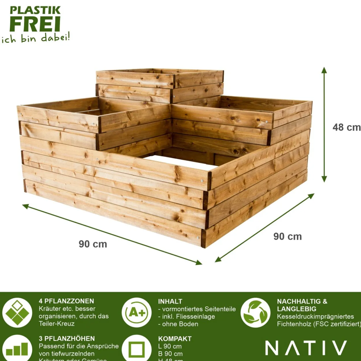 Pflanzkasten aus Holz mit 4 Pflanzzonen