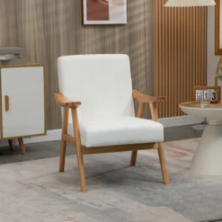 Polstersessel Wohnzimmersessel mit Armlehnen Naturholz Farbe: Creme