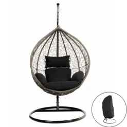 Polyrattan Hängesessel CIELO - Schwarz mit Regenabdeckung
