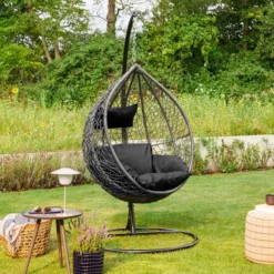 Polyrattan Hängesessel CIELO - Schwarz mit Regenabdeckung