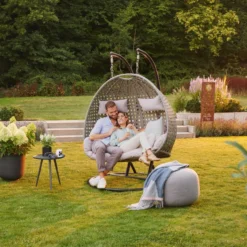 Polyrattan-Hängesessel für zwei Personen inkl. Kissen, ca. 120 x 120 x 195 cm – Grau
