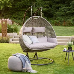 Polyrattan-Hängesessel für zwei Personen inkl. Kissen, ca. 120 x 120 x 195 cm – Grau