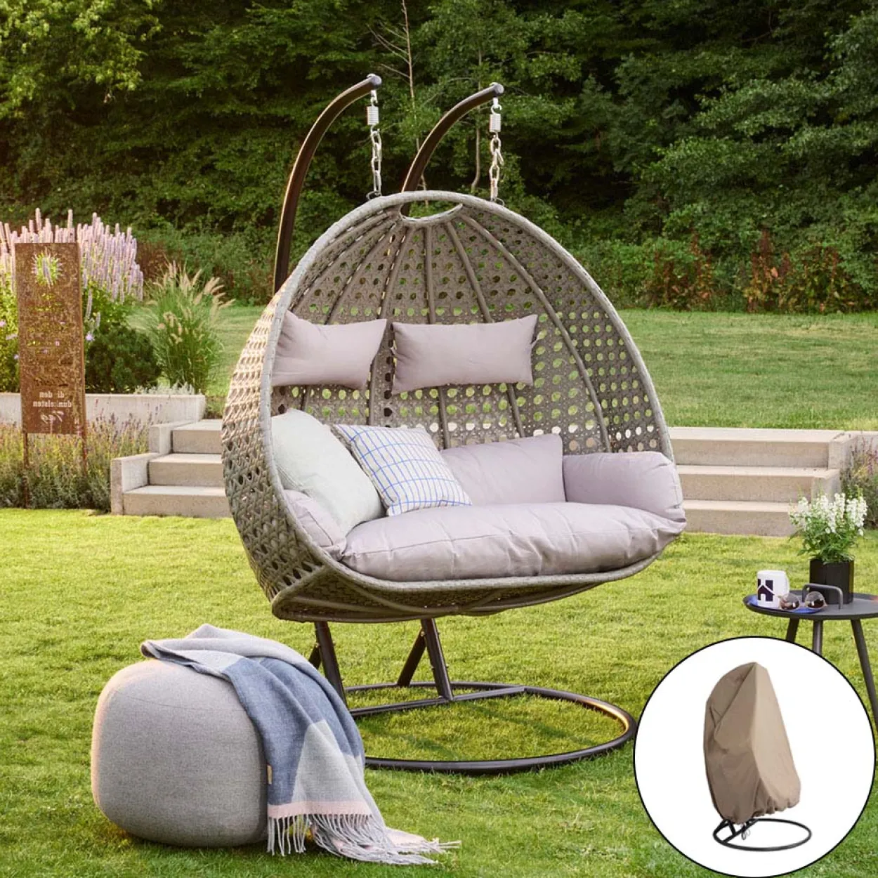Polyrattan Hängesessel TWIN grau - inkl. Regenabdeckung