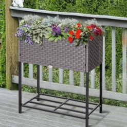 Poly Rattan Hochbeet Blumentopf Blumenkasten mit Füßen mit Ablage