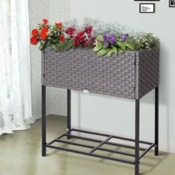 Poly Rattan Hochbeet Blumentopf Blumenkasten mit Füßen mit Ablage