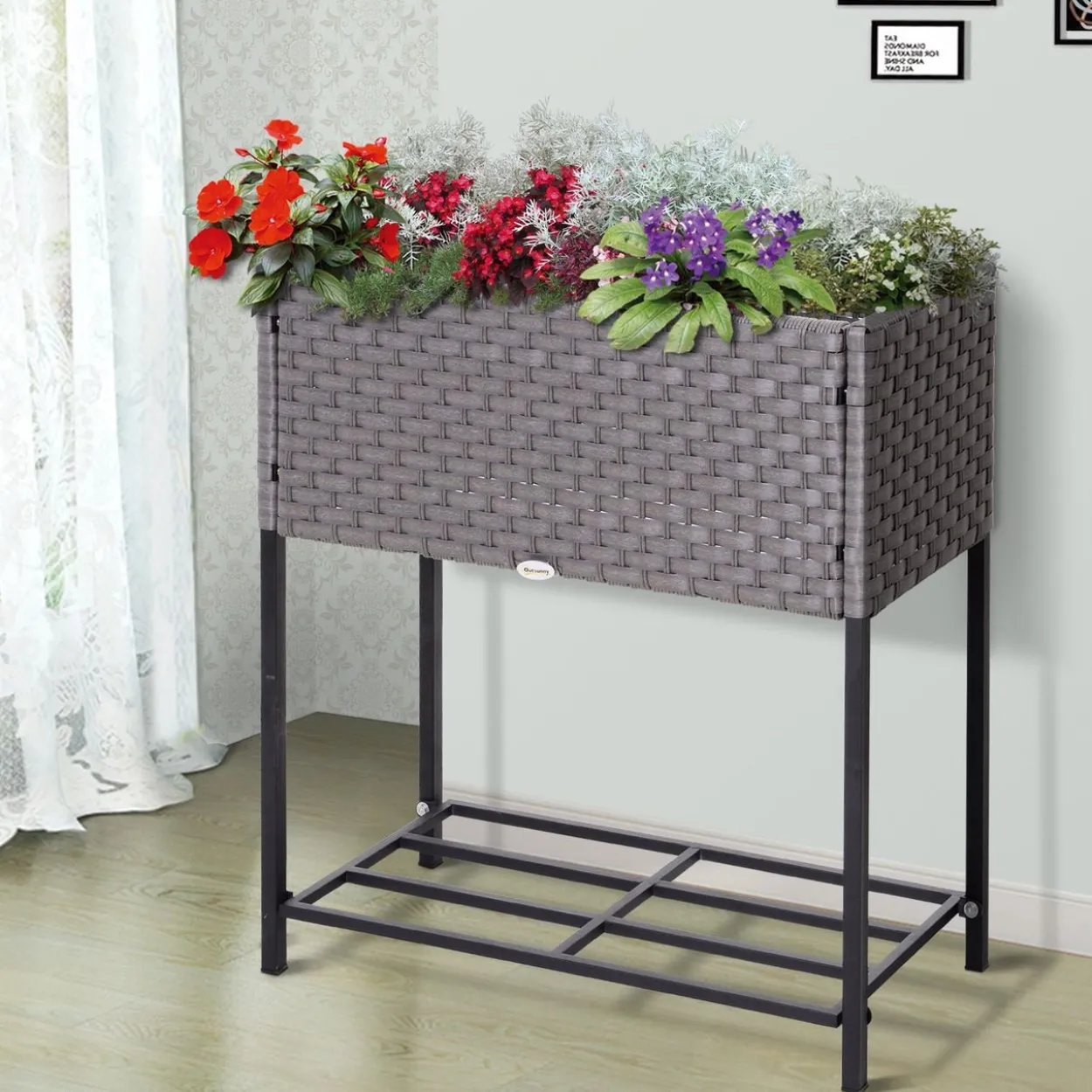 Poly Rattan Hochbeet Blumentopf Blumenkasten mit Füßen mit Ablage
