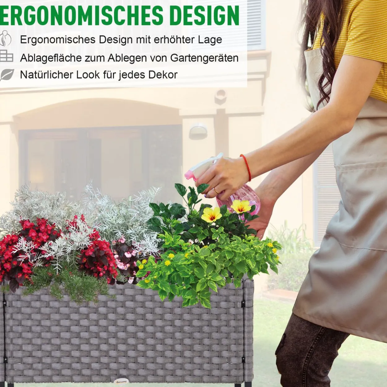 Poly Rattan Hochbeet Blumentopf Blumenkasten mit Füßen mit Ablage
