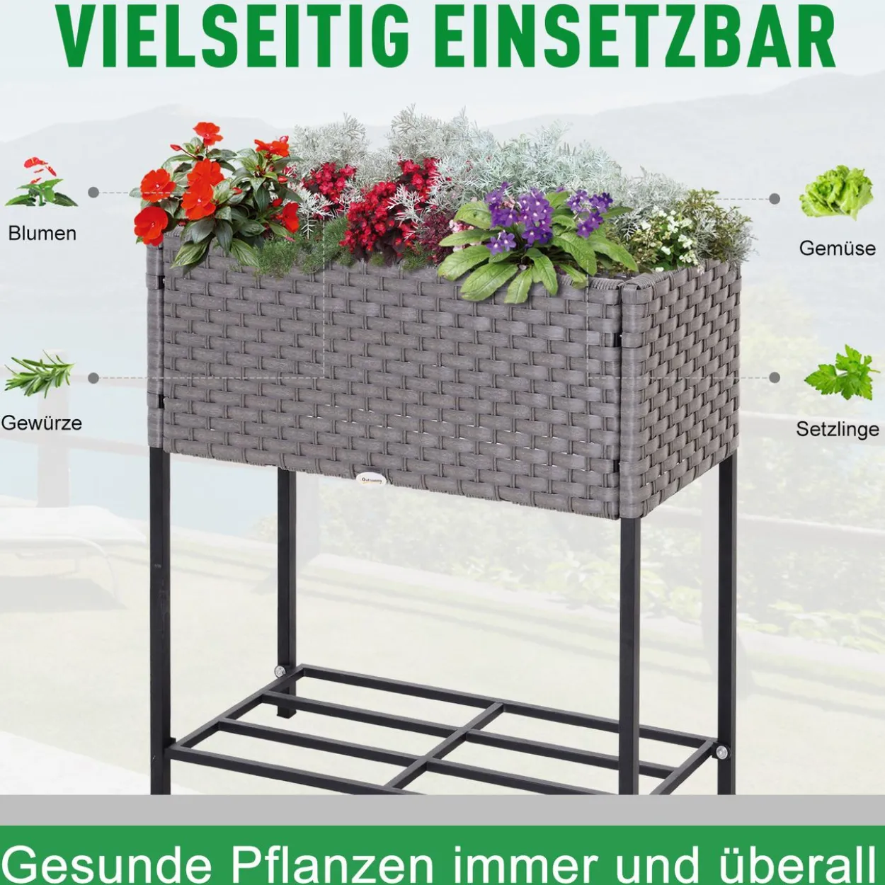 Poly Rattan Hochbeet Blumentopf Blumenkasten mit Füßen mit Ablage