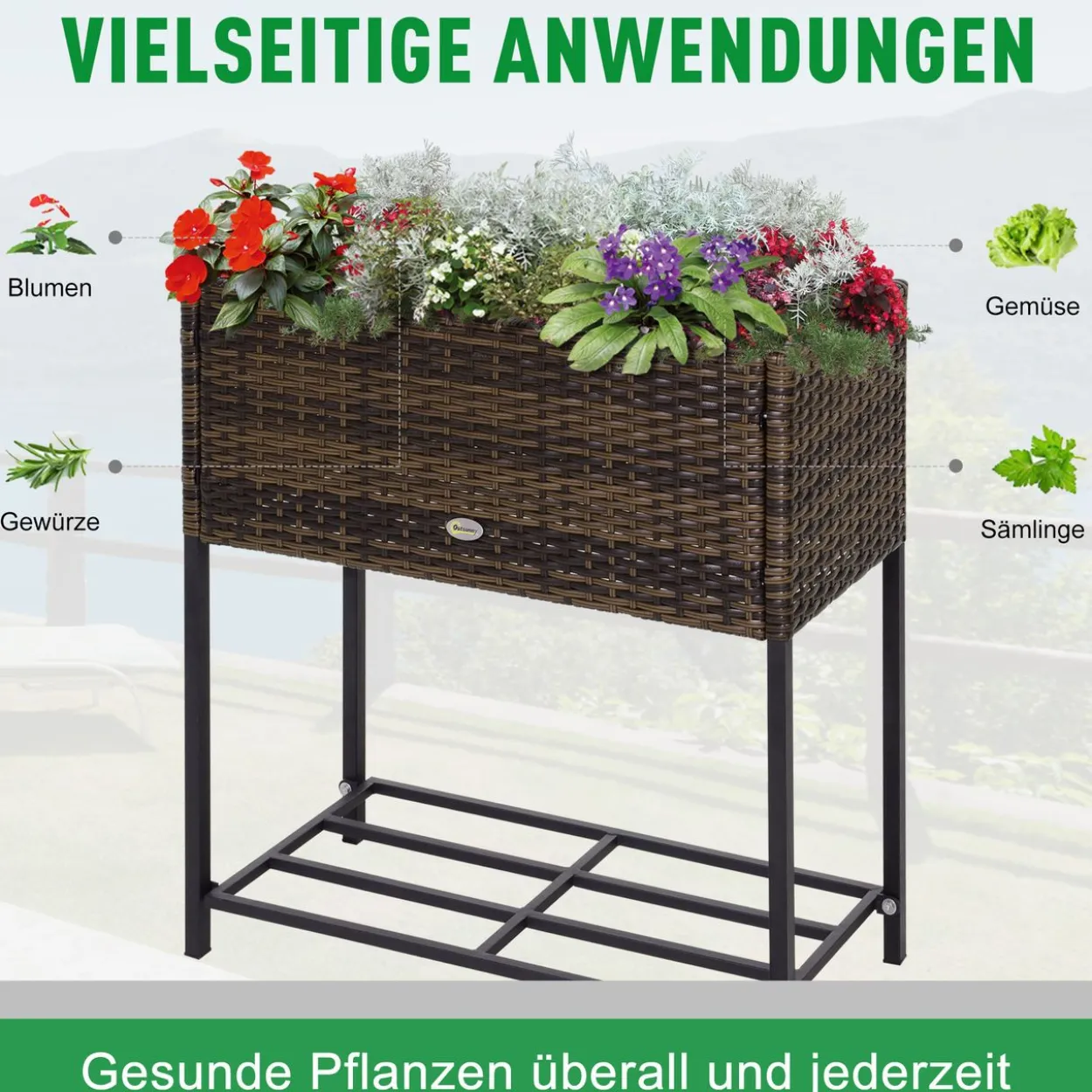 Poly Rattan Hochbeet Blumentopf Blumenkasten mit Füßen mit Ablage