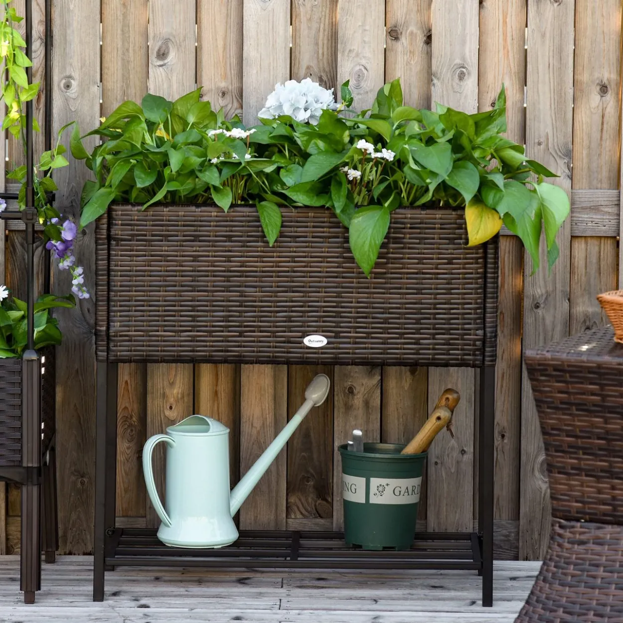 Poly Rattan Hochbeet Blumentopf Blumenkasten mit Füßen mit Ablage