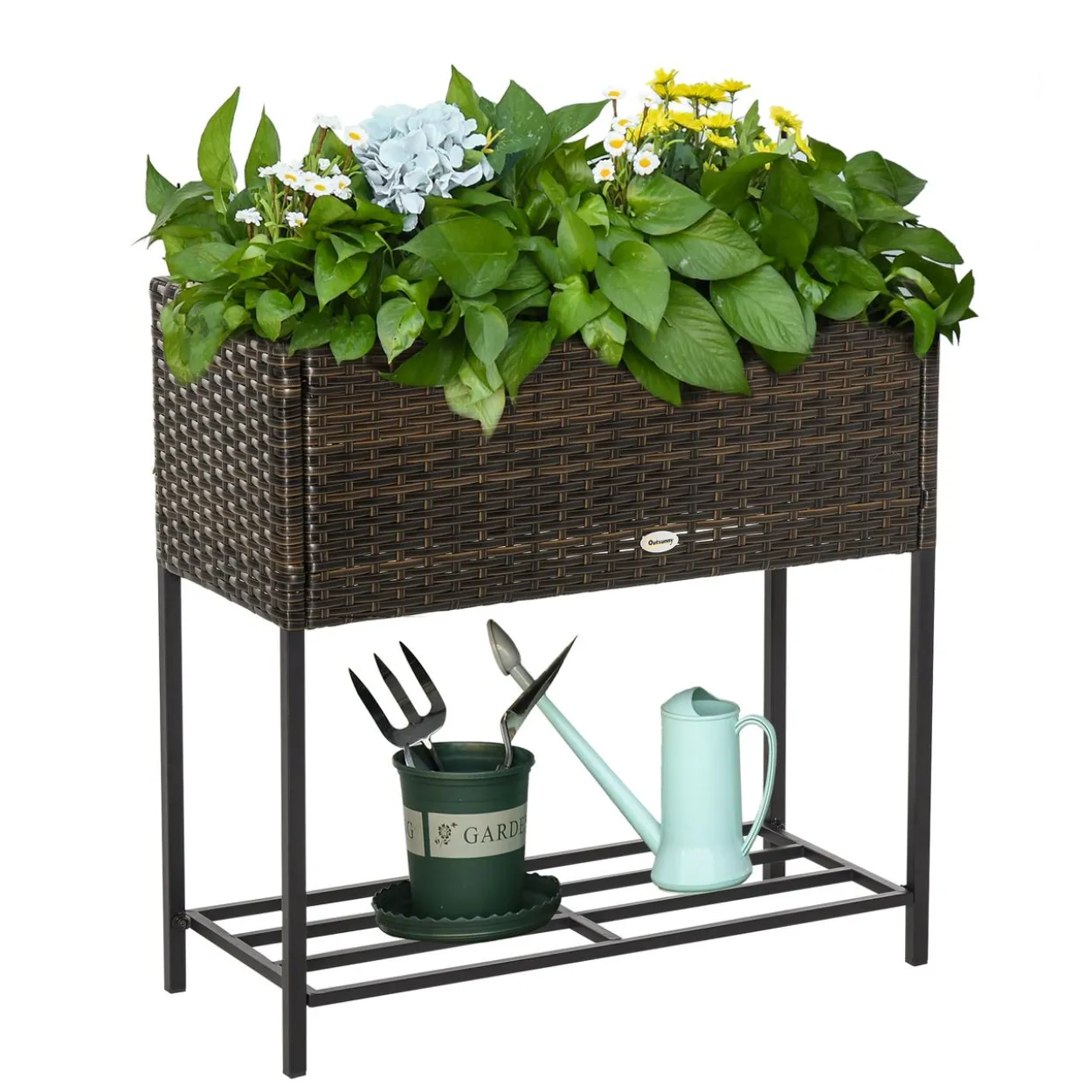 Poly Rattan Hochbeet Blumentopf Blumenkasten mit Füßen mit Ablage