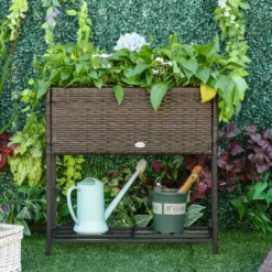 Poly Rattan Hochbeet Blumentopf Blumenkasten mit Füßen mit Ablage
