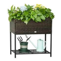 Poly Rattan Hochbeet Blumentopf Blumenkasten mit Füßen mit Ablage
