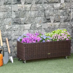 Poly Rattan Hochbeet mit Rollen Pflanzkasten mit Abflusslöchern Braun
