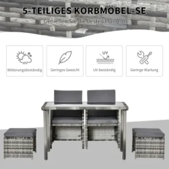 Polyrattan Sitzgruppe Essgruppe Gartenset Garnitur 11 tlg. mit Kissen, Grau