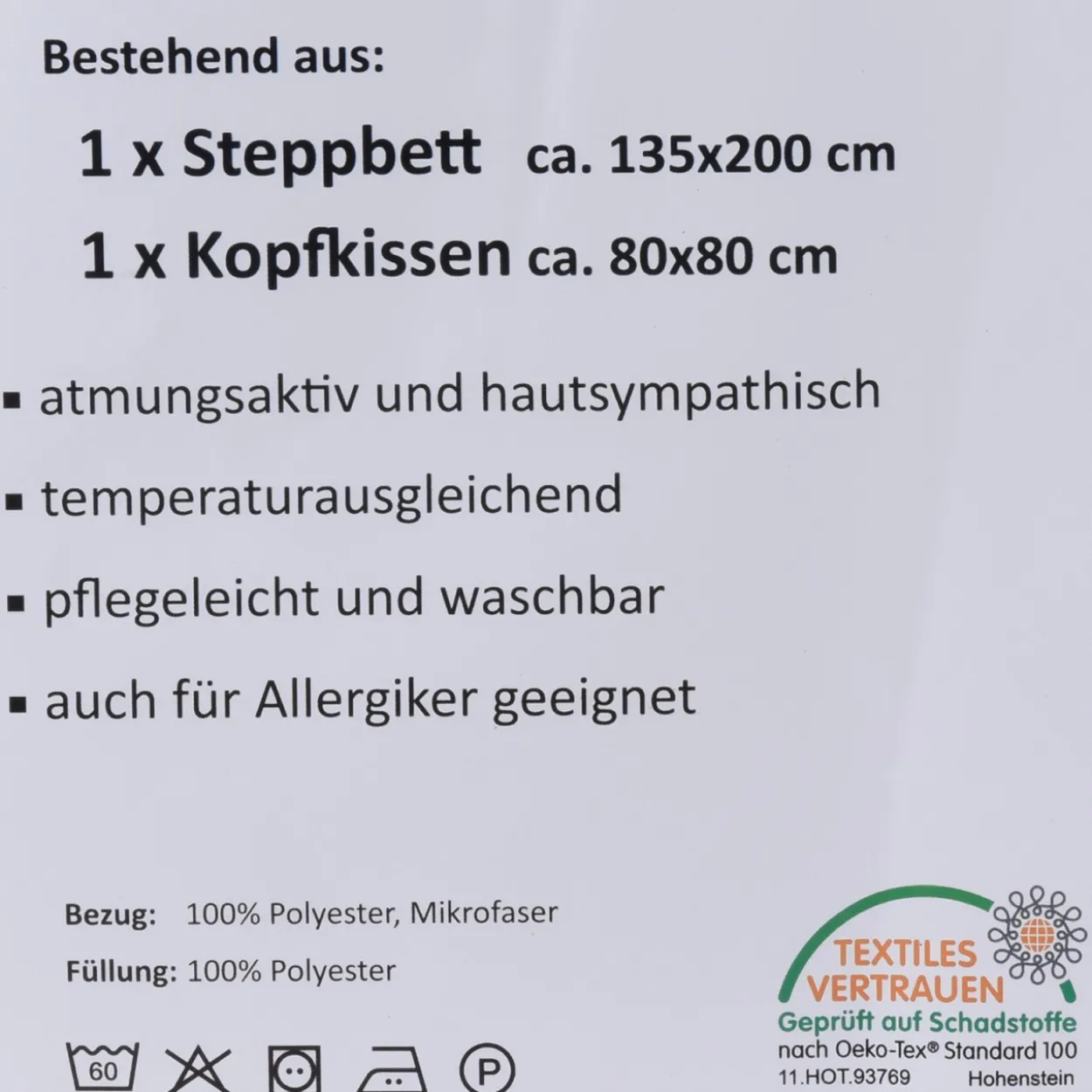 Premium Steppbettdecken Set mit Kopfkissen 135 x 200cm