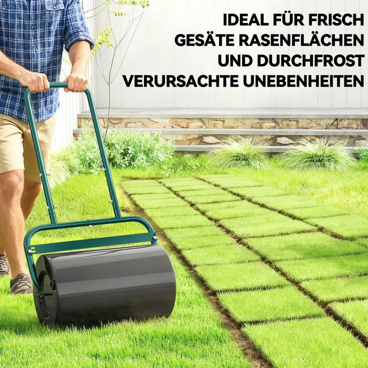 Rasenwalze Gartenwalze befüllbar mit Wasser oder Sand, 50cm Breite Handwalze