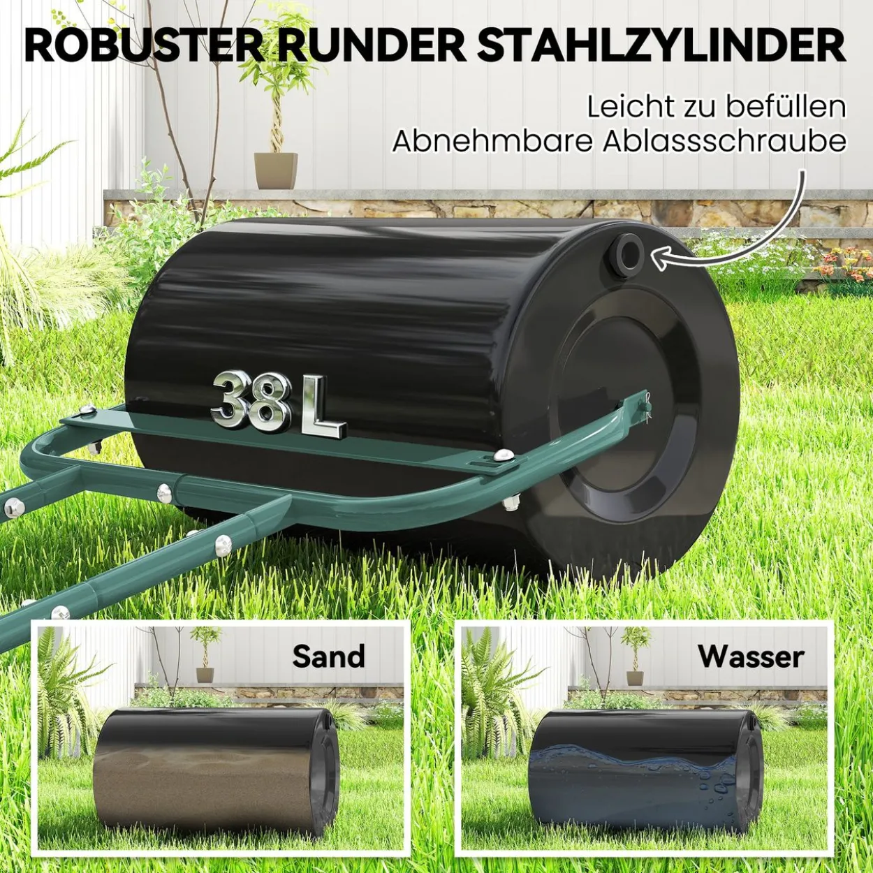 Rasenwalze Gartenwalze befüllbar mit Wasser oder Sand, 50cm Breite Handwalze