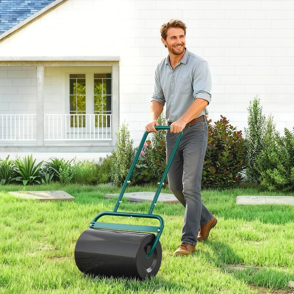 Rasenwalze Gartenwalze befüllbar mit Wasser oder Sand, 50cm Breite Handwalze