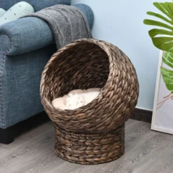 Rattan Katzenkorb Katzenhütte Katzenhöhle mit Kissen Haustierbett Braun