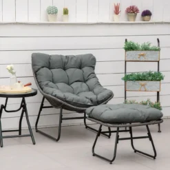 Rattan Relaxsessel mit Fußhocker mit Kissen Stahl Polyester Grau 69 x 76 x 70 cm