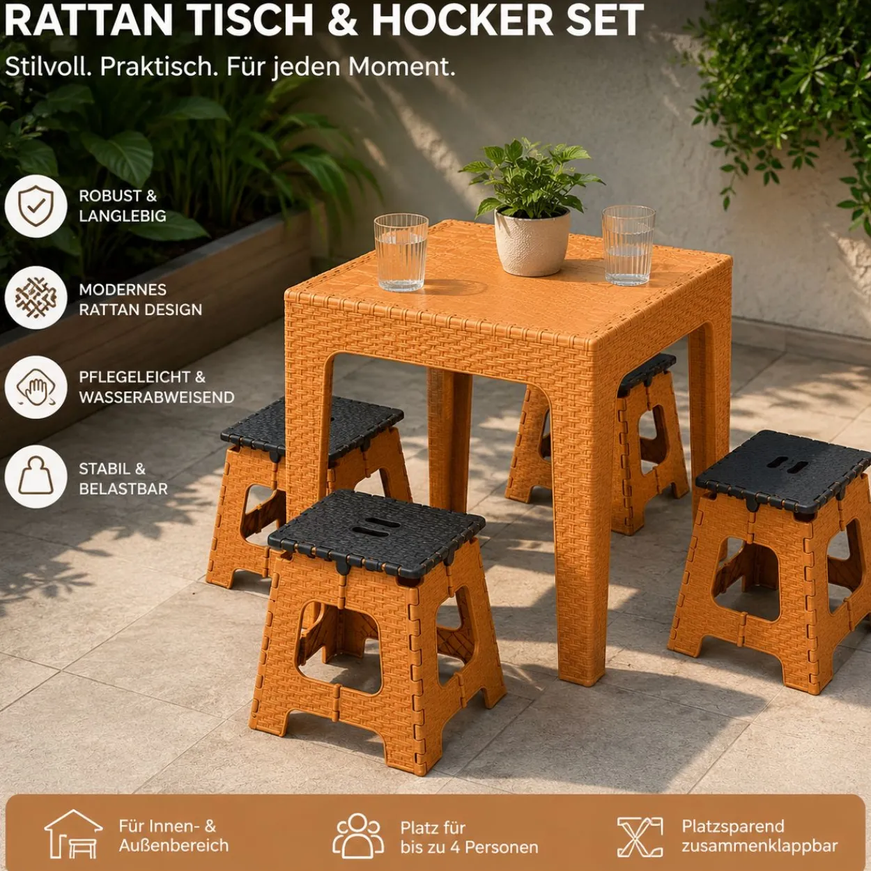 Rattan-Tisch-&-Hocker-Set