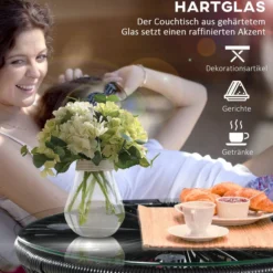 Ratten Beistelltisch, Runder Kaffeetisch mit Hohltrommel-Design Metall