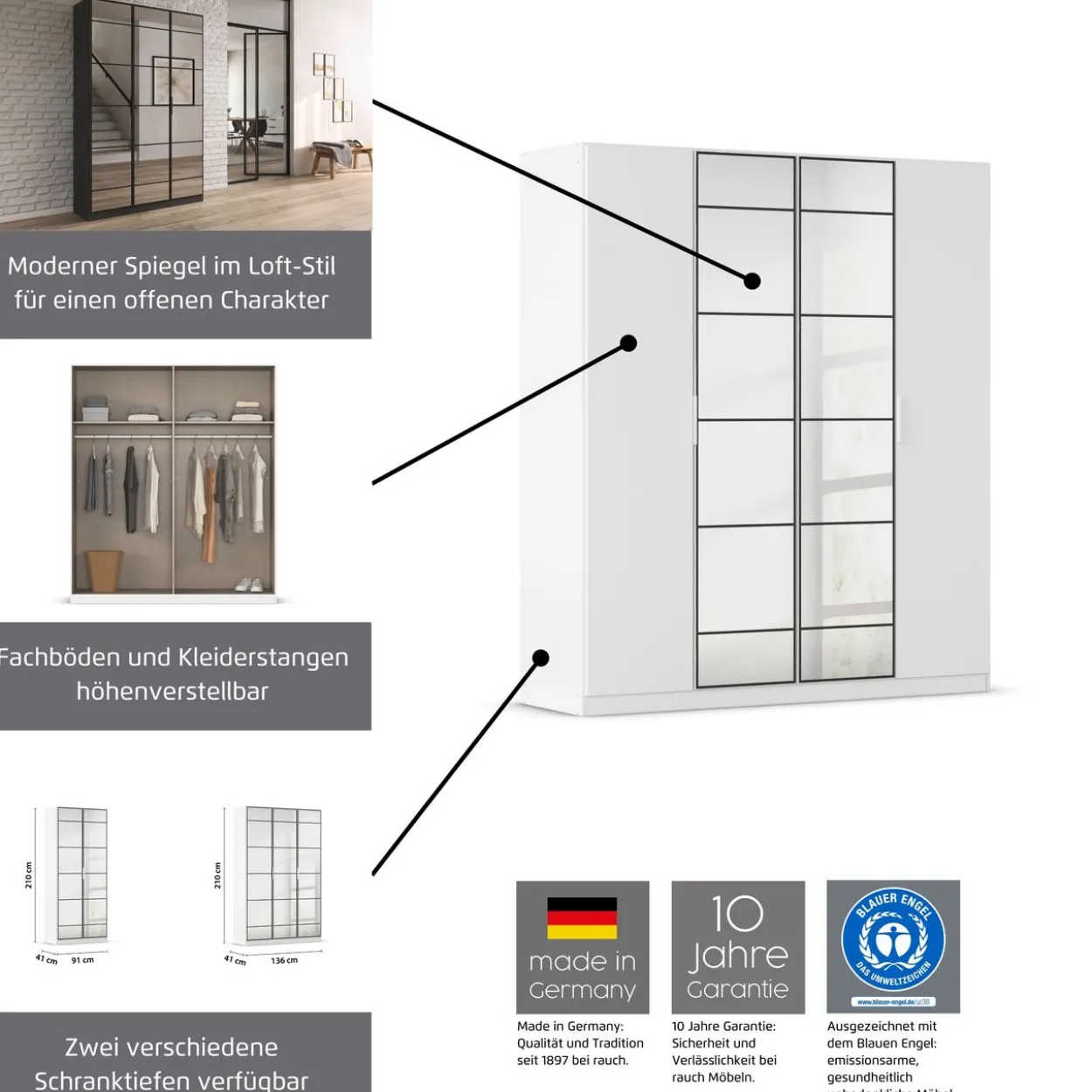 rauch Acero Garderobenschrank 2-türig, mit Grauspiegel, Farbe Weiß Breite 91 cm