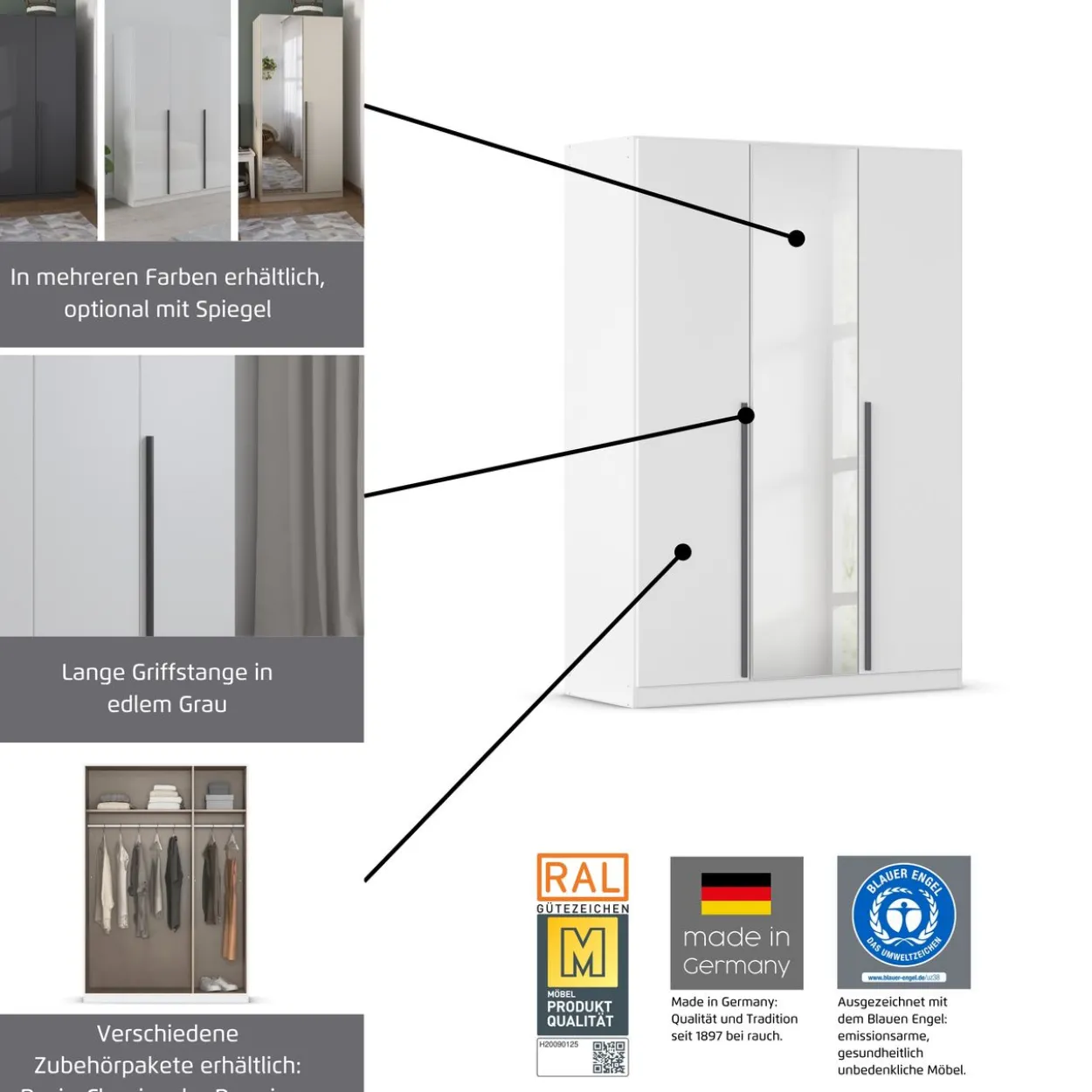 rauch Alba Kleiderschrank 2-türig, mit Spiegel, Farbe Weiß Breite 91 cm