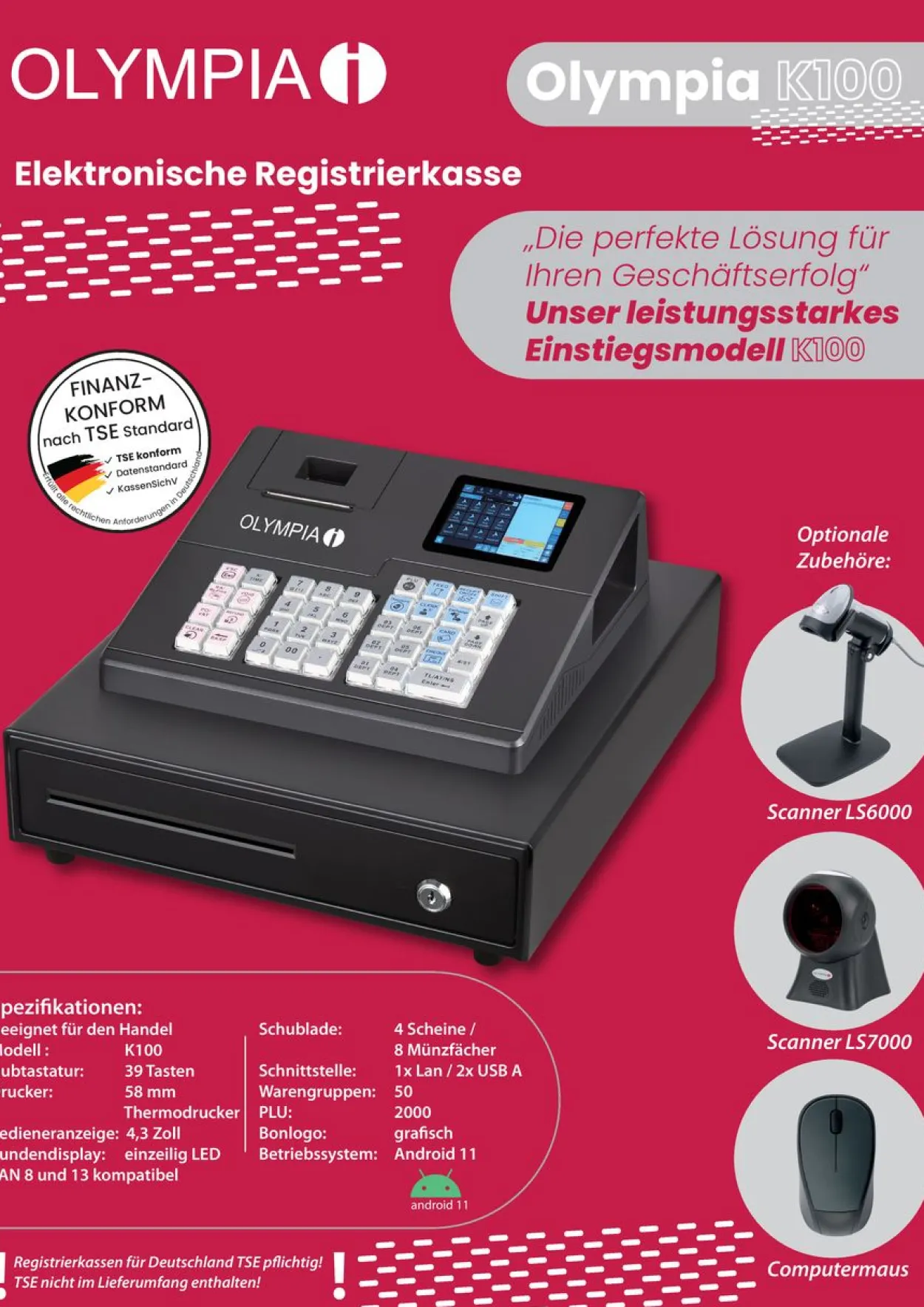 Registrierkasse OLYMPIA K100, TSE Lizenz optional