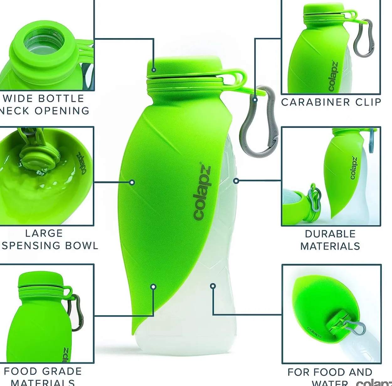 Reise-Set für Hunde – Colapz Trockenfutter-/Wasserflasche + Kotbeutelspender 570 ml/Grün