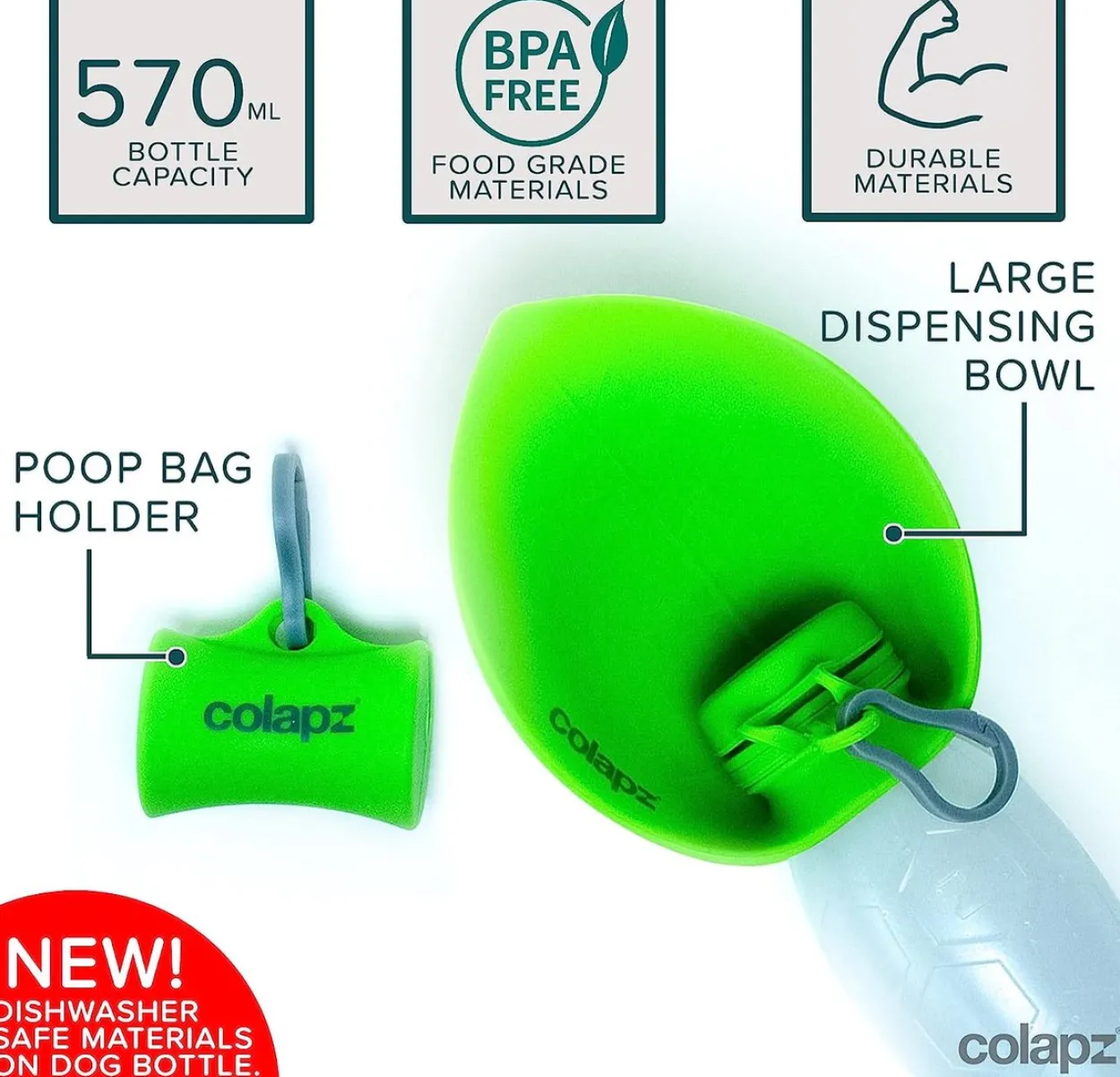Reise-Set für Hunde – Colapz Trockenfutter-/Wasserflasche + Kotbeutelspender 570 ml/Grün