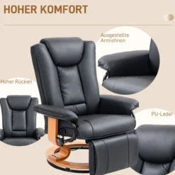 Relaxsessel Drehbar Fernsehsessel mit Liegefunktion, Fußstütze, Schwarz