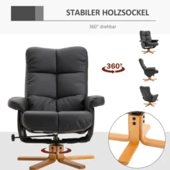 Relaxsessel Fernsehsessel 360° mit Hocker Liegefunktion Holzgestell Schwarz 80 x 86 x 99cm